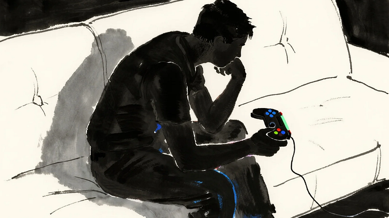 A hybrid of ink and watercolor, a person is seated on a sofa, holding a game controller, much like Rodin’s “The Thinker.”