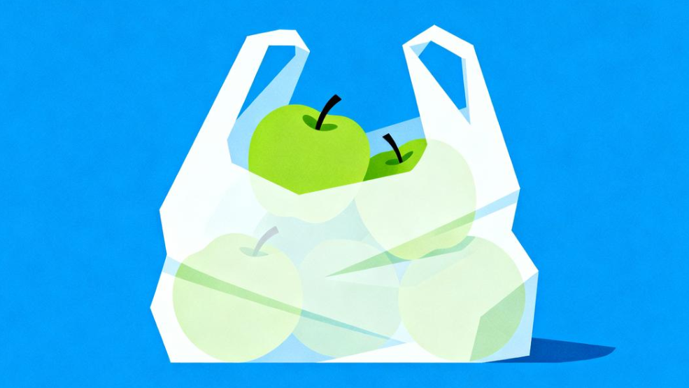 White plastic bag, containing green apples inside