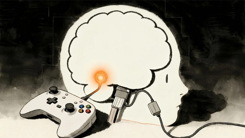 A wash of fountain pen ink and watercolor, the USB cable of a game controller, like a precise and secure plug, inserted itself firmly into the brain’s “reward center” region.
